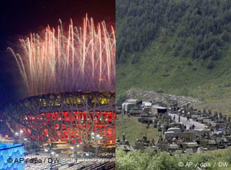 Photo collage of the Olympic opening ceremony in Beijing and a caravan of Russia troops moving into South Ossetia