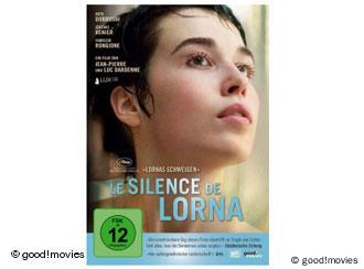 Frauenporträt auf DVD mit Beschriftung "Lornas Schweigen" und Credits (GoodMovies)