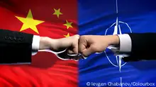 China vs NATO conflict, international relations crisis, fists on flag background