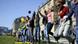 A human chain of protesters, jumping in the air