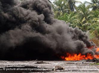 A burning oil pipeline in the Niger Delta